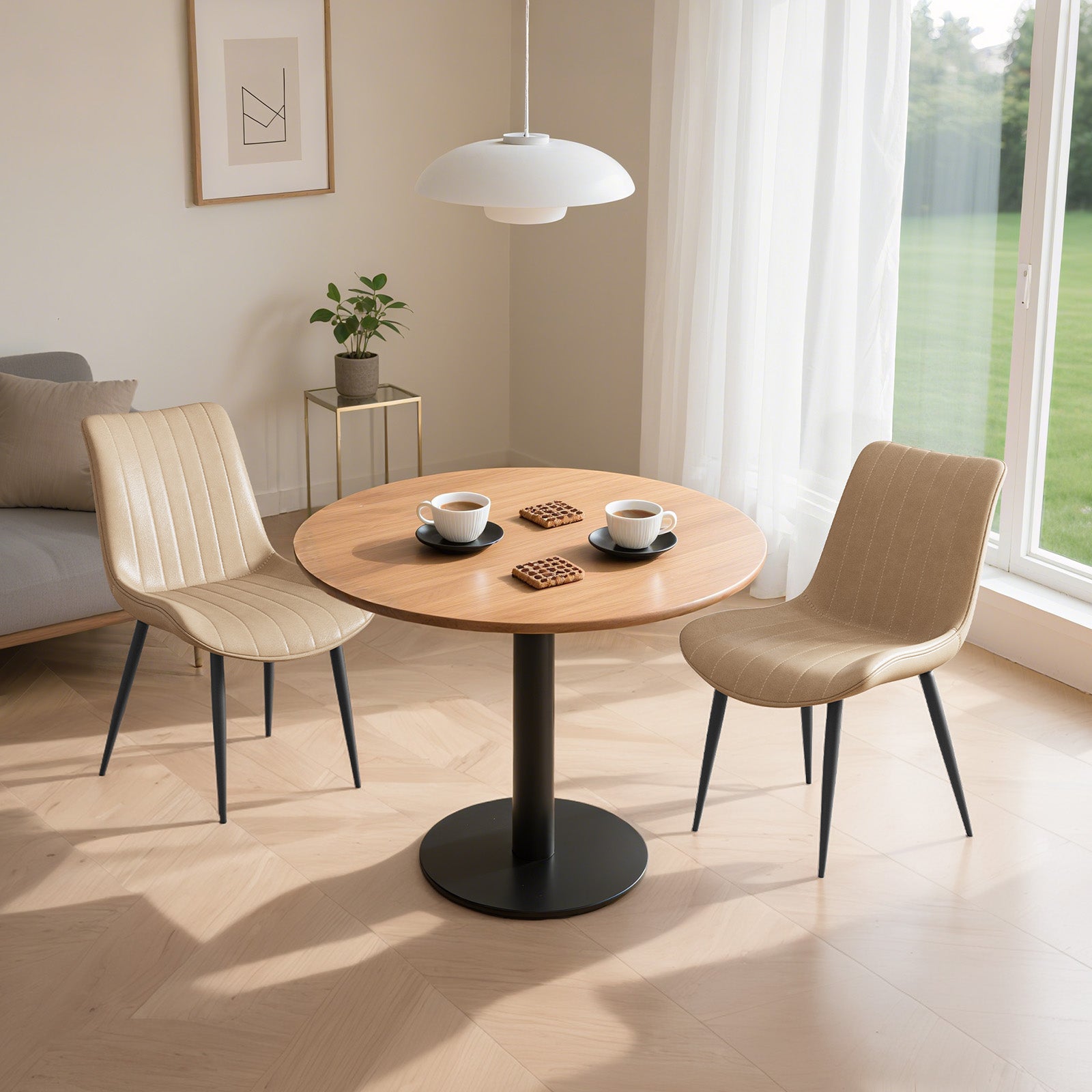 Khaki PU Leather Dining Chair with Metal Legs, Wave Pattern Upholstered Armless Chair Set of 4 for Kitchen, Restaurant, Living, Meeting Room
