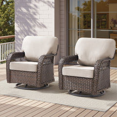 Outdoor Glider Chairs Set of 2, Brown Wicker Patio Furniture Swivel Rockers with T Shape-Back Cushions and 5" Thick Foam, Ideal for Porch and Yard, Beige