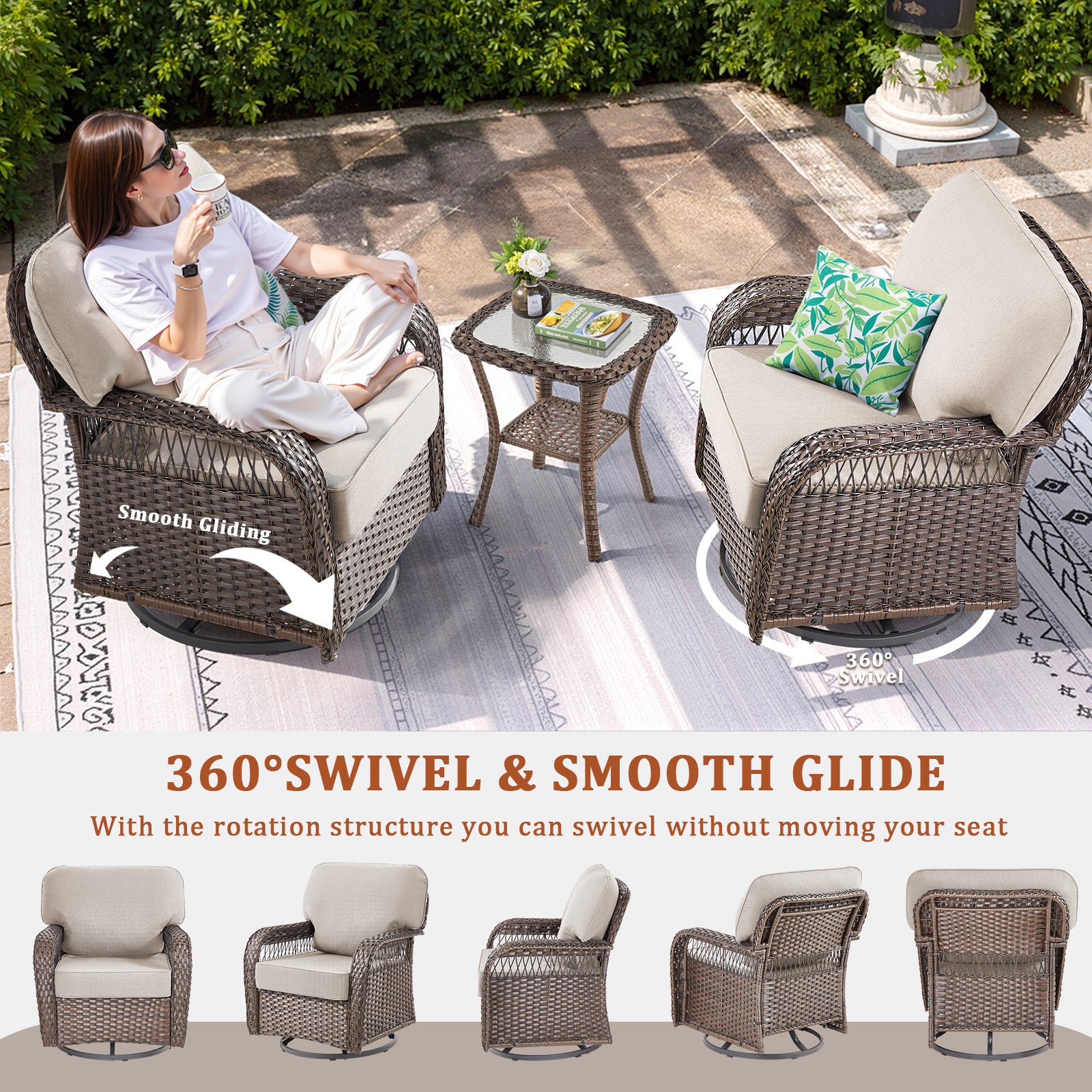 Outdoor Glider Chairs Set of 2, Brown Wicker Patio Furniture Swivel Rockers with T Shape-Back Cushions and 5" Thick Foam, Ideal for Porch and Yard, Beige
