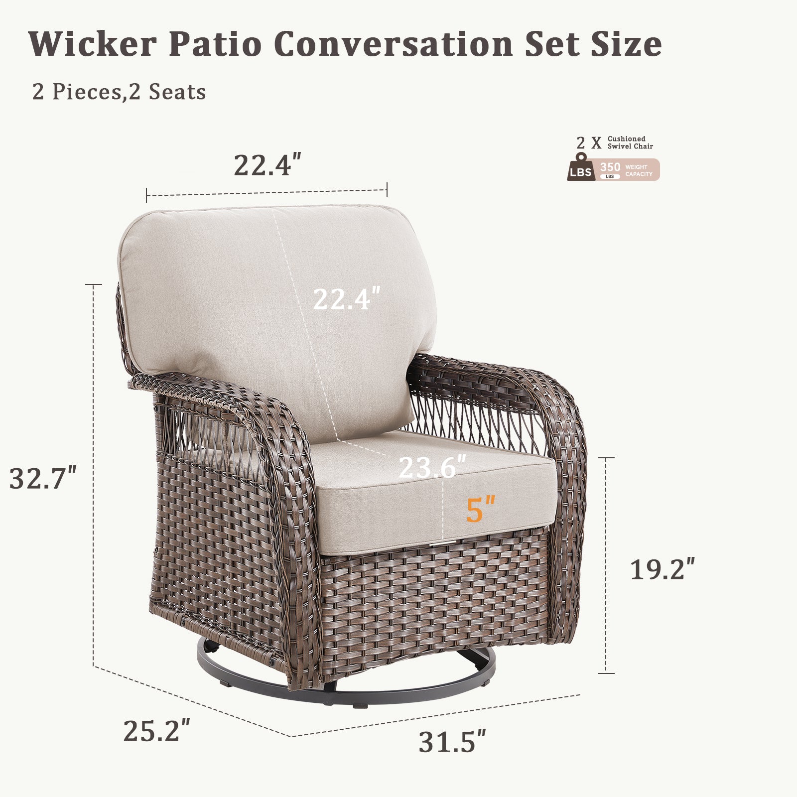 Outdoor Glider Chairs Set of 2, Brown Wicker Patio Furniture Swivel Rockers with T Shape-Back Cushions and 5" Thick Foam, Ideal for Porch and Yard, Beige