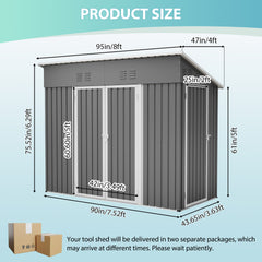 4x8 Slope-Roof Reinforced Storage Shed with Weatherproof Sloping Roof & 4 Air Vents, Heavy-Duty Sturdy Metal Frame, Left/Right Optional Door, Outdoor Tool Shed Warehouse for Garden Storage Pet House
