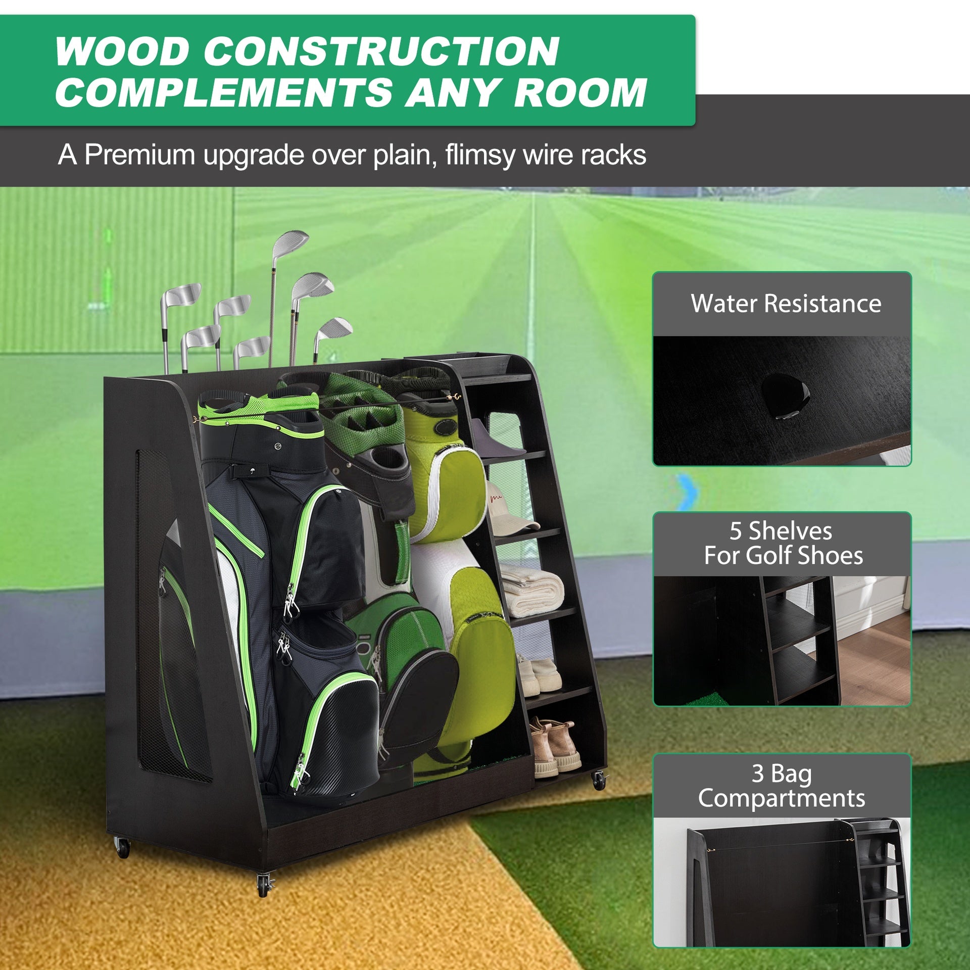 Wooden Golf Bag Storage Rack , Holds 3 Stand Bags & 14+ Clubs, Organizer for Golf Balls, Shoes & Accessories, Heavy Duty for Garage, Indoor Outdoor Use, Easy Assembly,Black