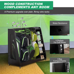 Wooden Golf Bag Storage Rack , Holds 3 Stand Bags & 14+ Clubs, Organizer for Golf Balls, Shoes & Accessories, Heavy Duty for Garage, Indoor Outdoor Use, Easy Assembly,Black