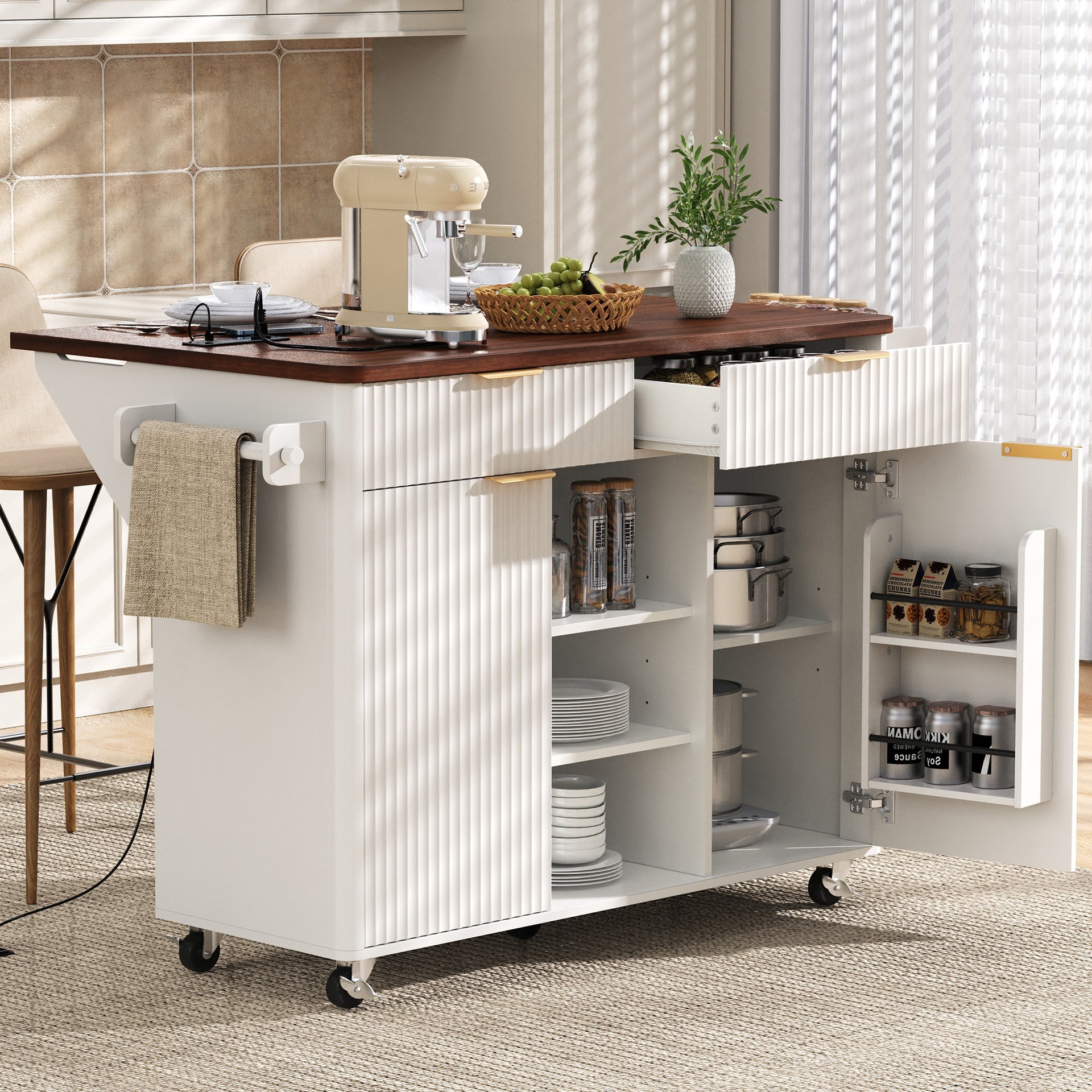 K&K 52" Fluted Kitchen Island with Drop Leaf, Power Outlet,  Kitchen Storage Cart with Adjustable Shelves, 2 Doors and 2 Drawers, Rolling Island Table with Walnut Color Top for Kitchen, White