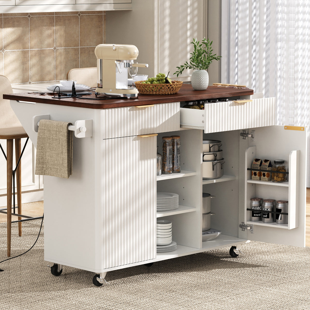 K&K 52" Fluted Kitchen Island with Drop Leaf, Power Outlet,  Kitchen Storage Cart with Adjustable Shelves, 2 Doors and 2 Drawers, Rolling Island Table with Walnut Color Top for Kitchen, White