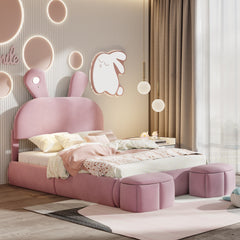 Full Size Upholstered Platform Bed with Cartoon Ears Shaped Headboard and Light, Pink