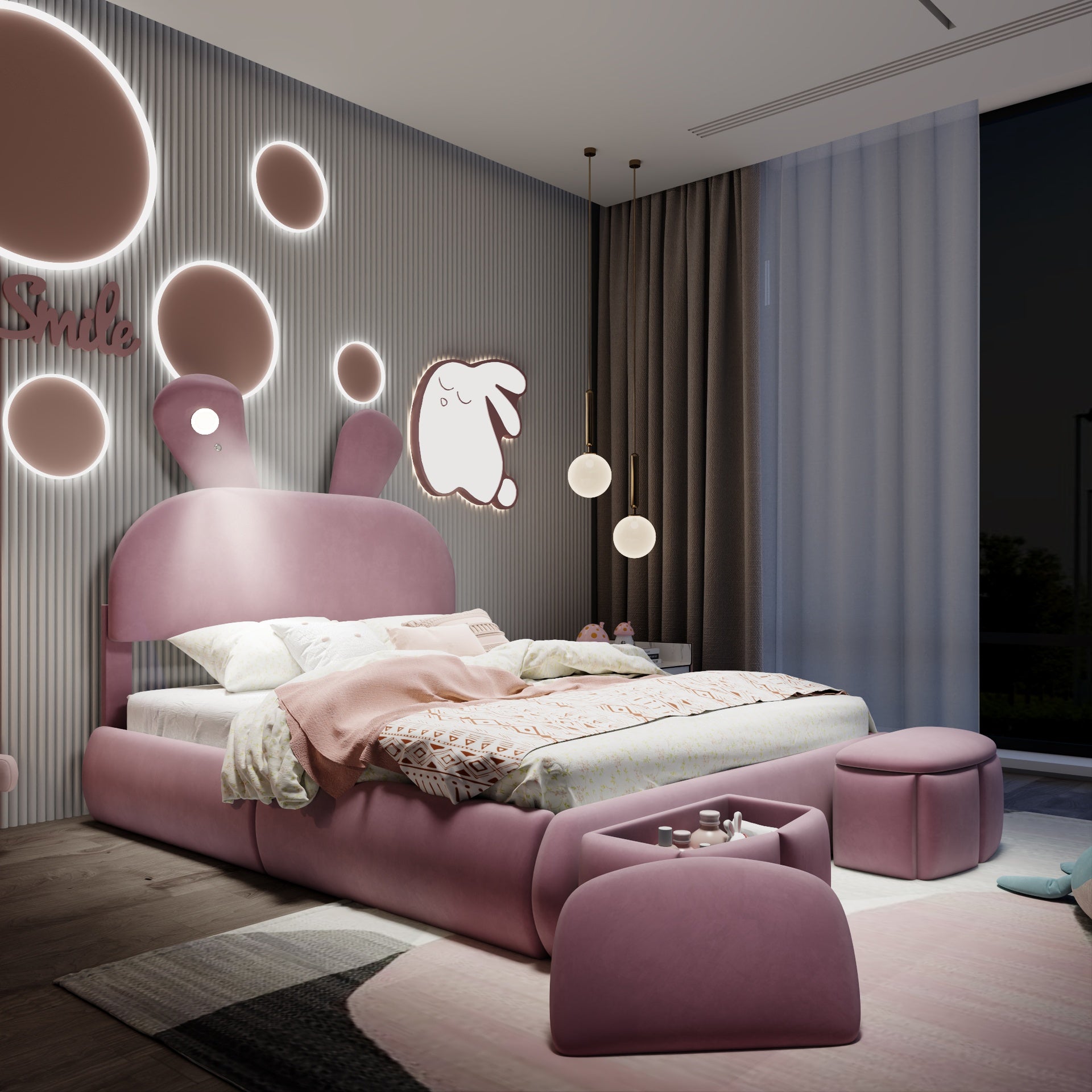 Full Size Upholstered Platform Bed with Cartoon Ears Shaped Headboard and Light, Pink