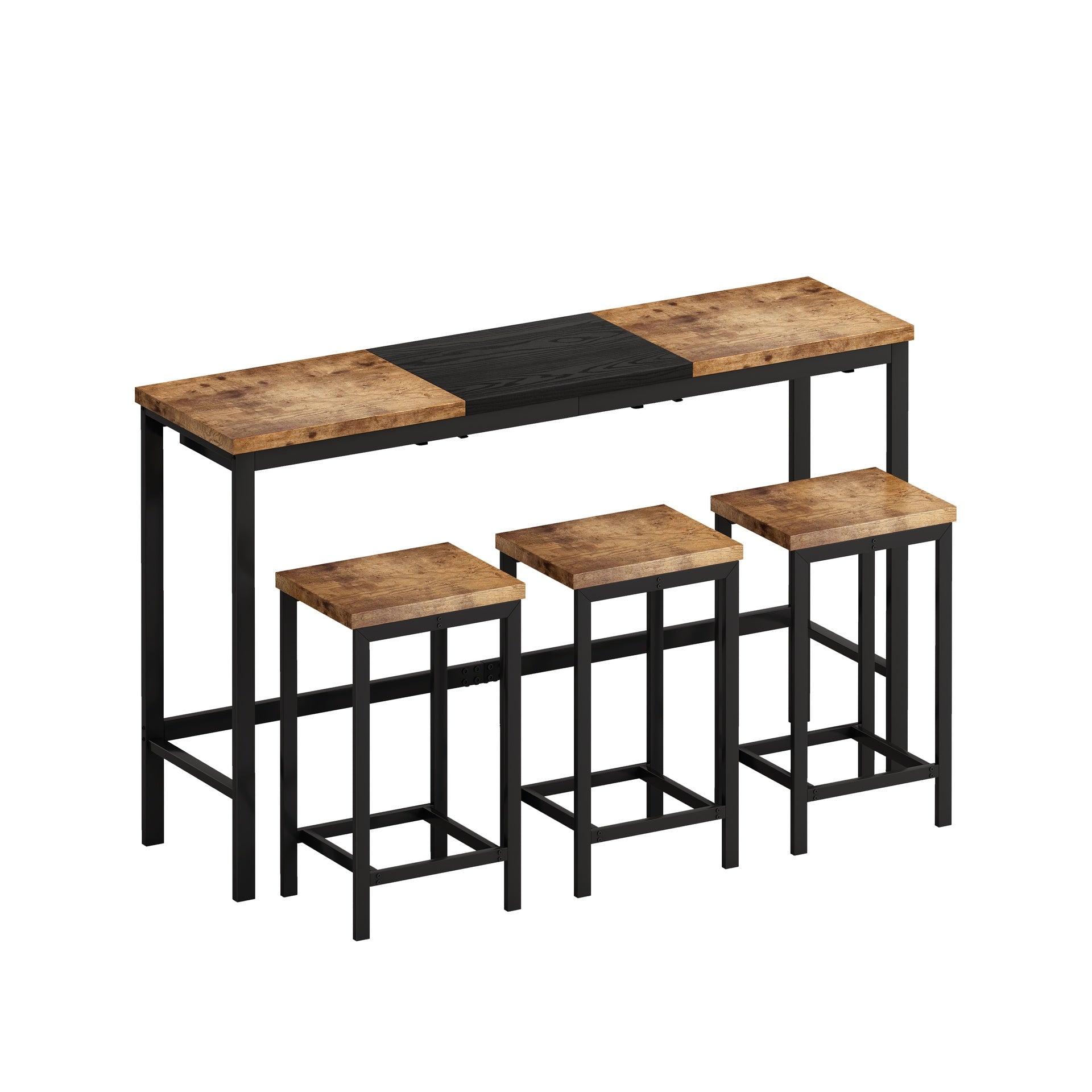 Modern Design Kitchen Dining Table, Pub Table, Long Dining Table Set with 3 Stools, Convenient Hanging Stool Design, Natural+Black,(Same SKU:W757P146463)