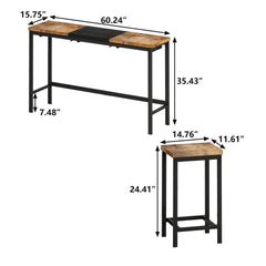 Modern Design Kitchen Dining Table, Pub Table, Long Dining Table Set with 3 Stools, Convenient Hanging Stool Design, Natural+Black,(Same SKU:W757P146463)