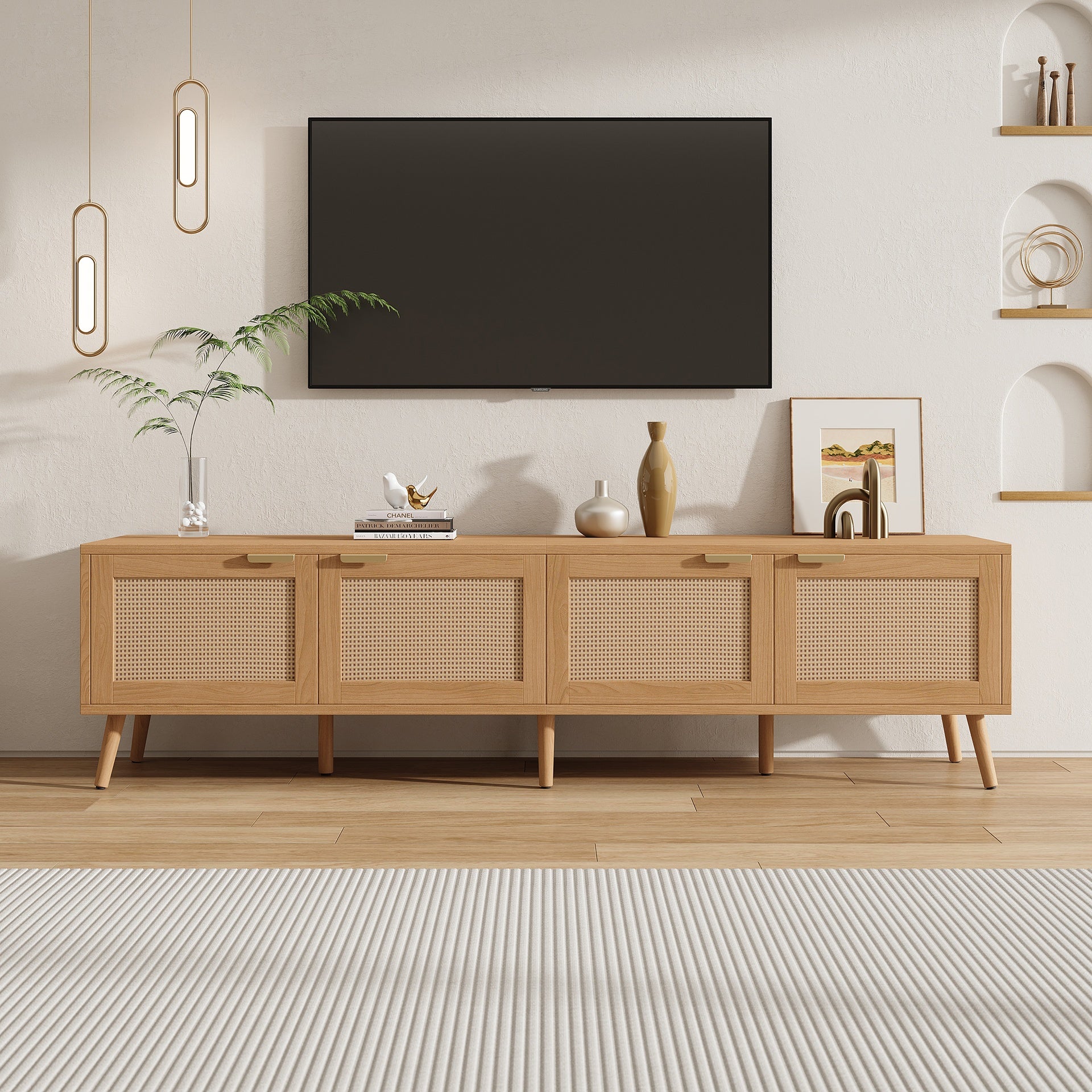 70inch Modern TV Stand with Rattan Doors for TVs up to 80", Media Console with Storage Space & Cable Holes, Entertainment Center for Living Room
