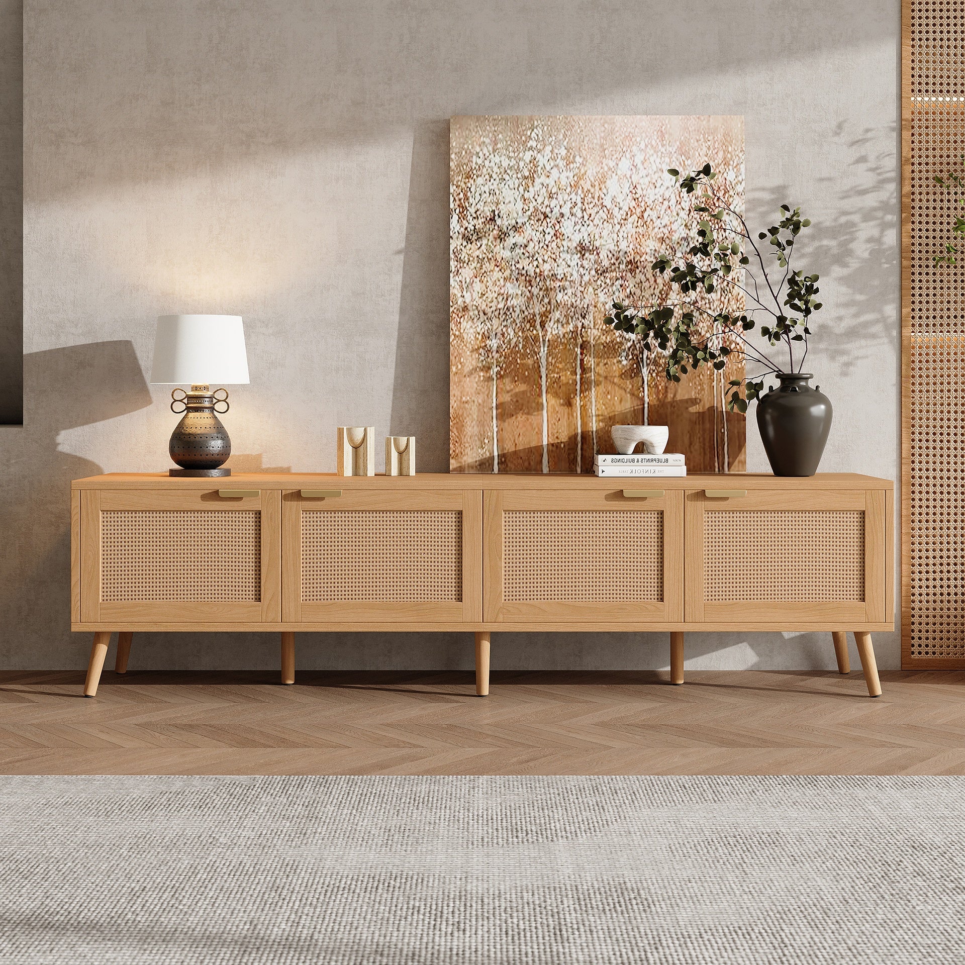 70inch Modern TV Stand with Rattan Doors for TVs up to 80", Media Console with Storage Space & Cable Holes, Entertainment Center for Living Room