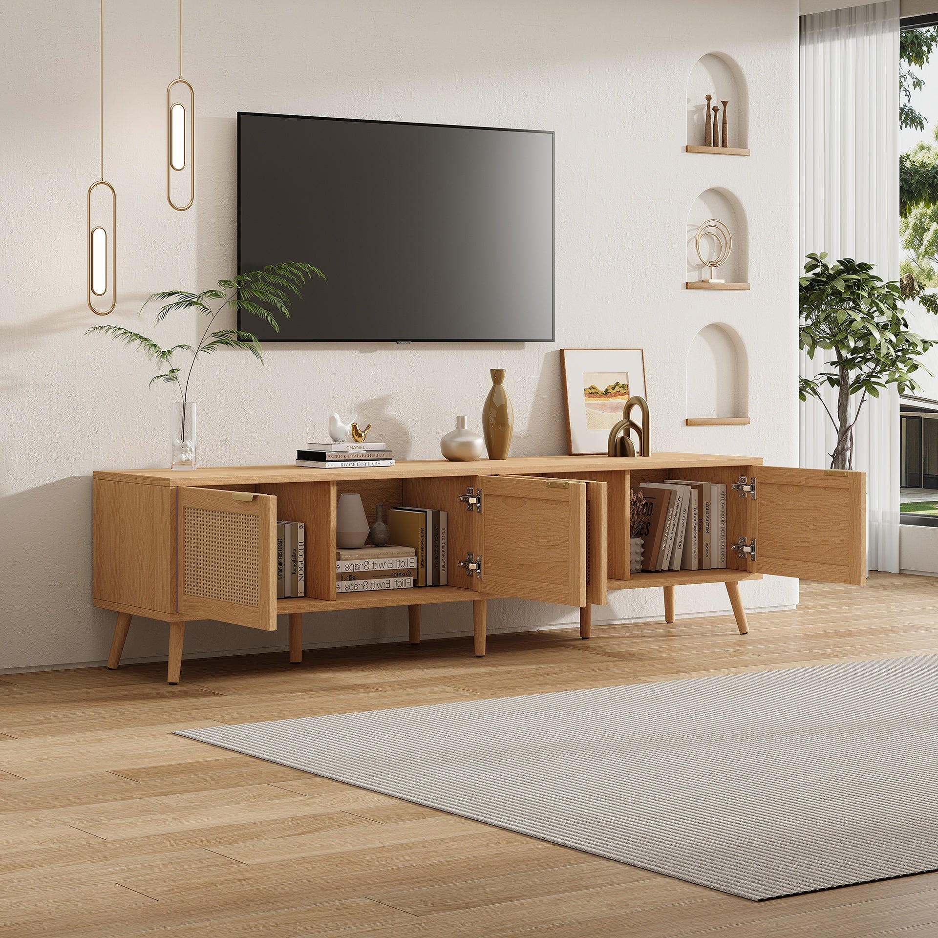 70inch Modern TV Stand with Rattan Doors for TVs up to 80", Media Console with Storage Space & Cable Holes, Entertainment Center for Living Room