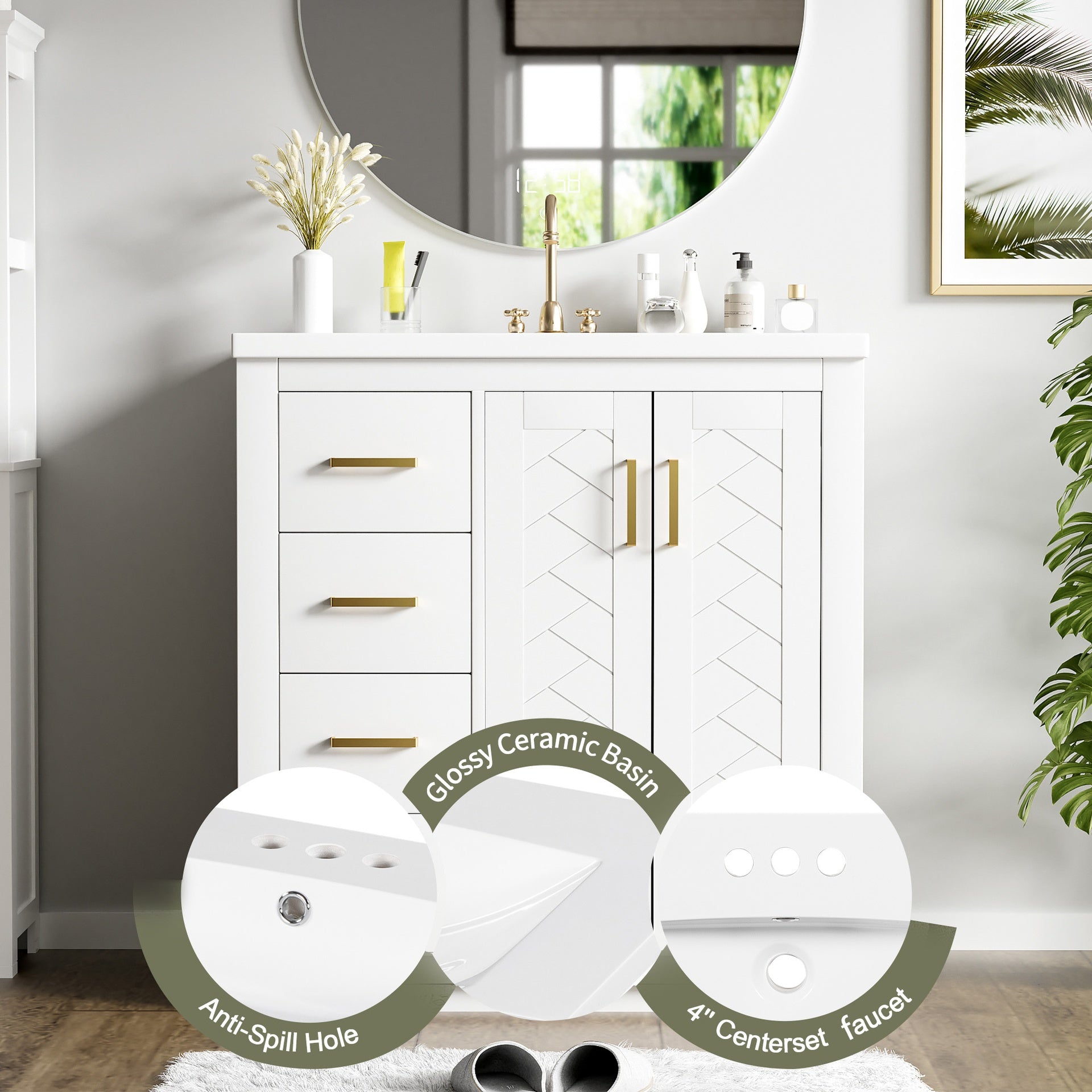 30'' Bathroom Vanity with Ceramic Sink Combo,Solid Wood Frame Bathroom Storage Cabinet, Freestanding Vanity Set with 3 Drawers& Soft Closing Doors