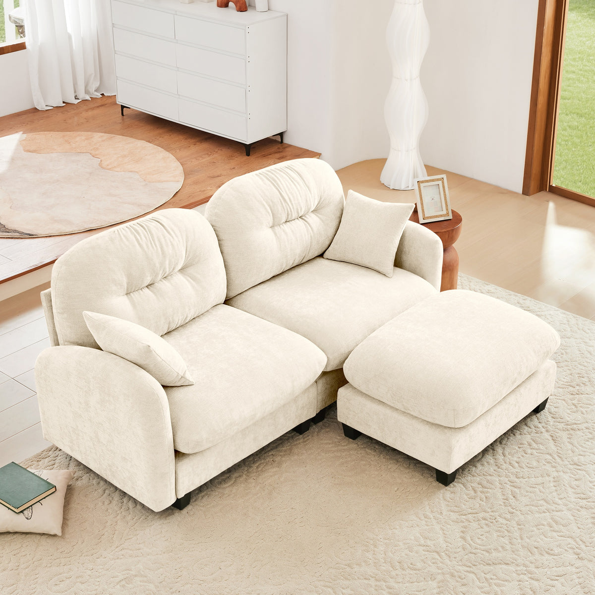 Cloud Sectional L-Shaped Couch With Ottoman,Soft Chenille Fabric,Tufted Cushion Backrest Design  High-Density Foam,Fits Bedrooms Living Rooms Reading Nooks,Beige