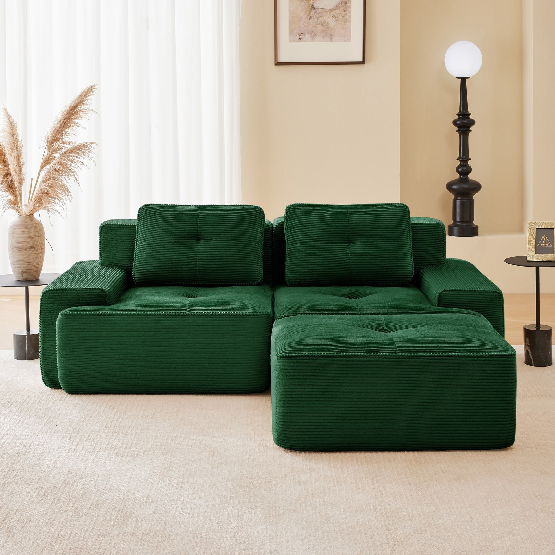 82" Modern L-Shaped Modular Sectional Sofa for Living Room, Corduroy Fabric, 2-Seater Couch with Deep Seat and Movable Ottoman, Pearl-like piping, Tufted Design, No Assembly, Anti-slip Design, Green
