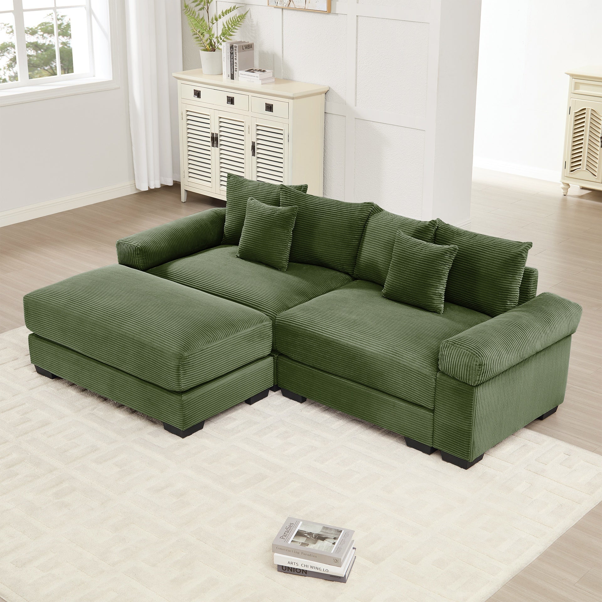 92"  Oversized Cloud Modular L-Shape Sectional Couch, Soft Corduroy Fabric, with Chaise, Deep Seat Wide Armrests, Ergonomic Design, 6 Throw Pillows, Easy Assembly, for Living Rooms, Lounges,Green