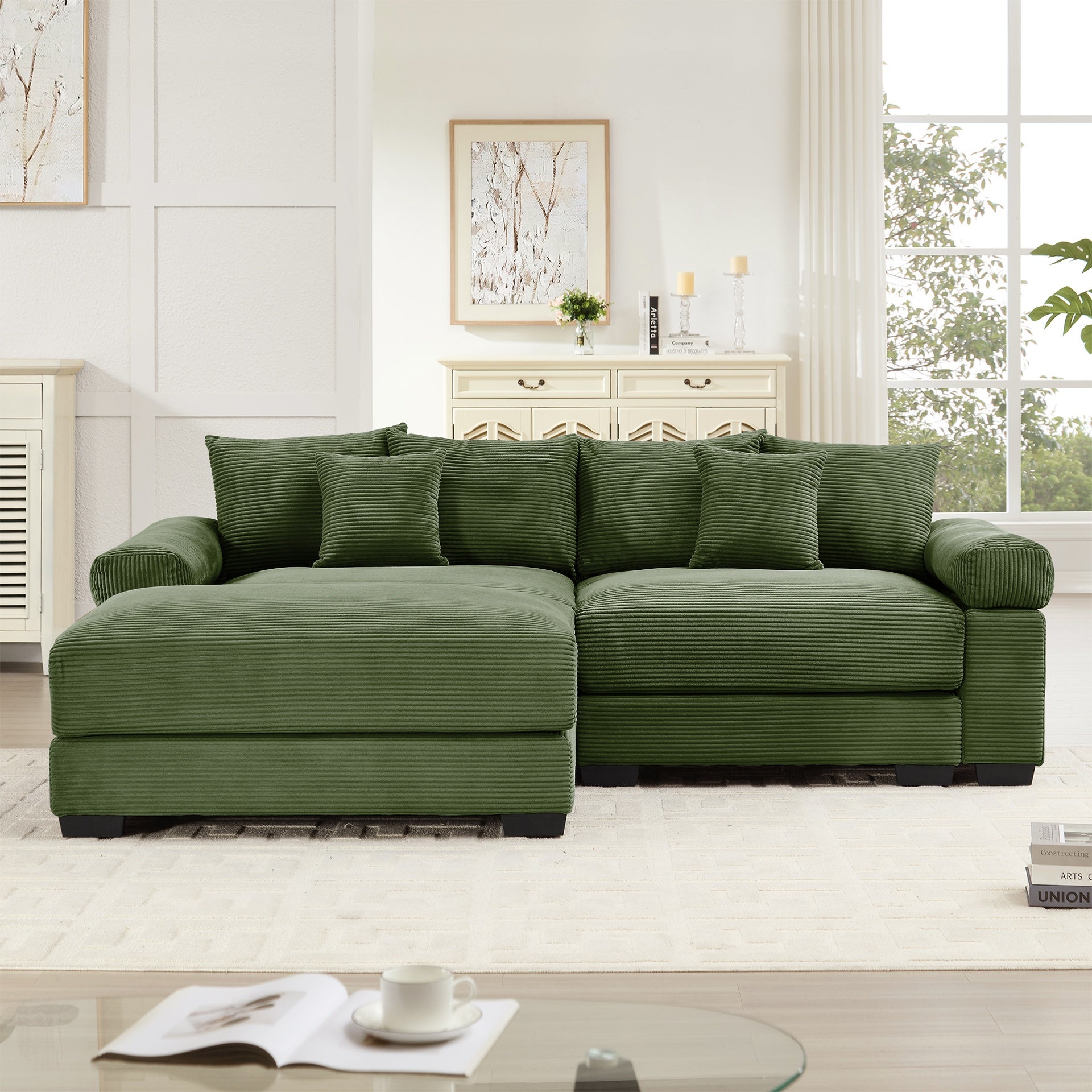 92"  Oversized Cloud Modular L-Shape Sectional Couch, Soft Corduroy Fabric, with Chaise, Deep Seat Wide Armrests, Ergonomic Design, 6 Throw Pillows, Easy Assembly, for Living Rooms, Lounges,Green