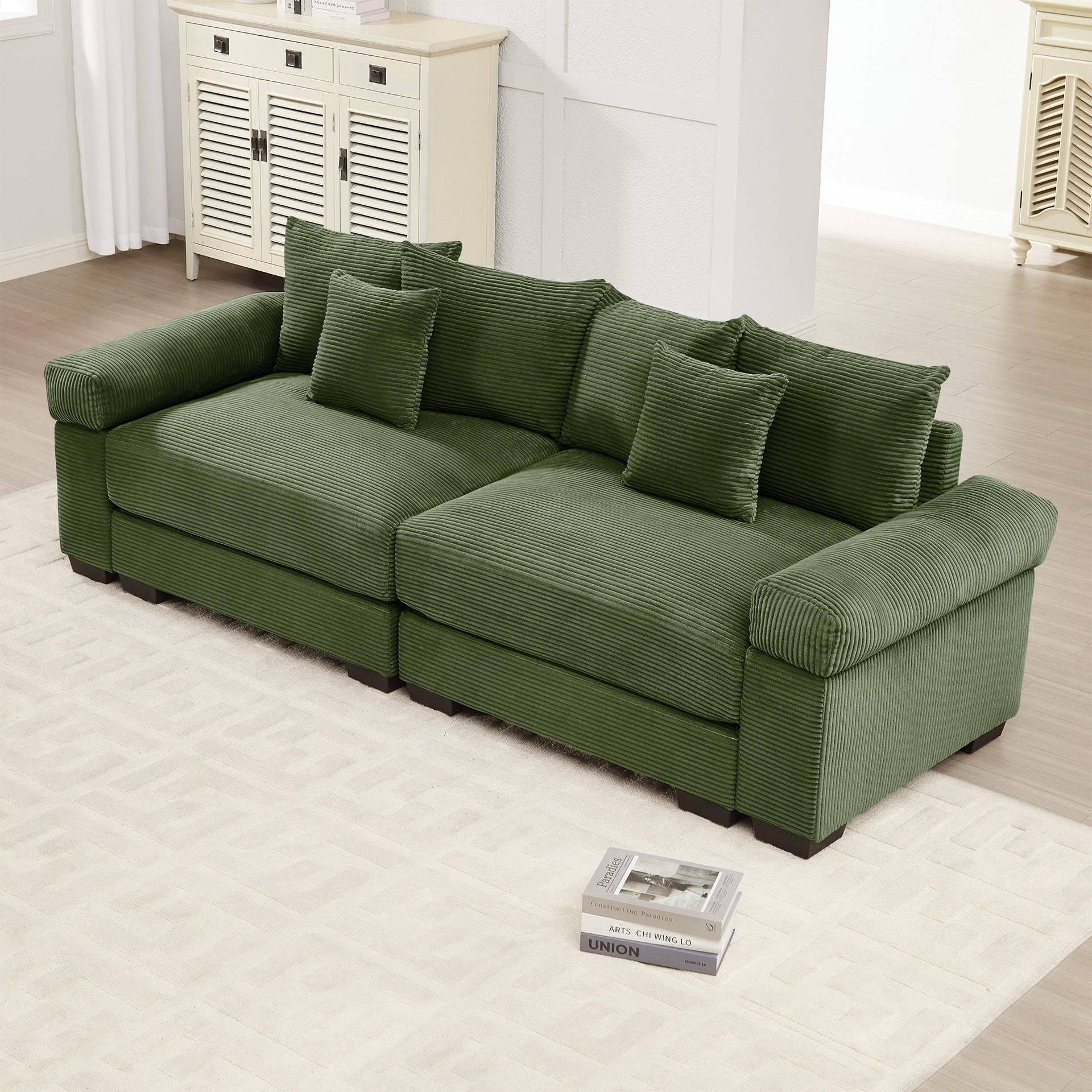 92"  Oversized Cloud Modular Sectional Couch,Corduroy Fabric Extra-Wide Armrests Throw Pillows Ergonomic Design High Resilience Cushion Easy Assembly,For Living Rooms Bedrooms,Green