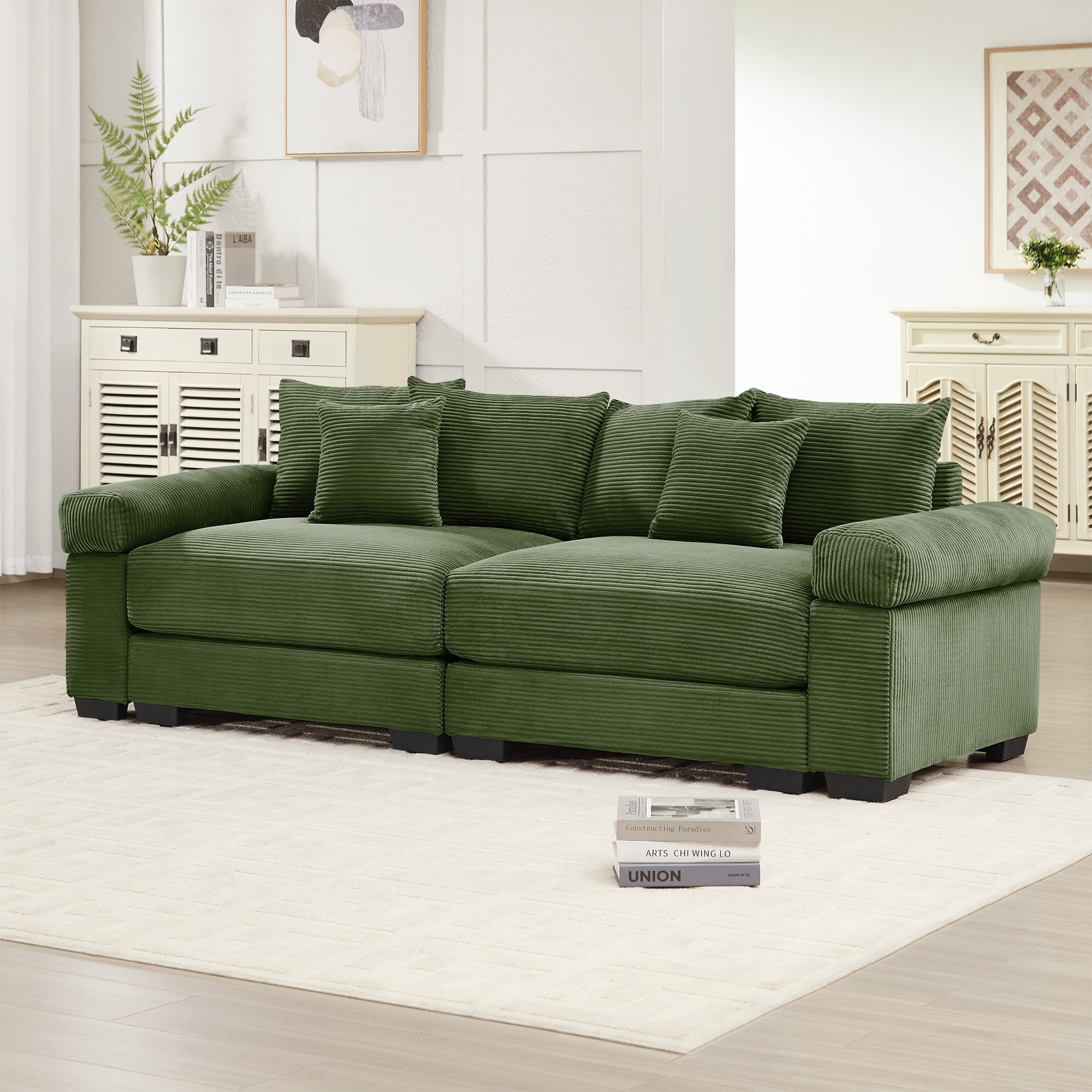 92"  Oversized Cloud Modular Sectional Couch,Corduroy Fabric Extra-Wide Armrests Throw Pillows Ergonomic Design High Resilience Cushion Easy Assembly,For Living Rooms Bedrooms,Green