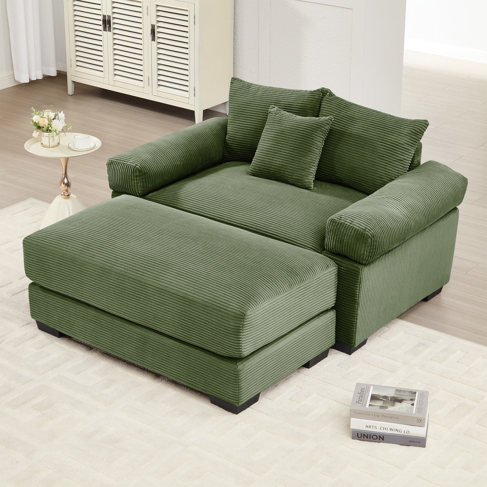 54.3" Oversized Cloud Modular Sectional Couch, Corduroy Fabric Extra-Thick Armrests, Throw Pillows Ottoman, Ergonomic Design,Easy Assembly Fits Living Rooms Bedrooms,Green