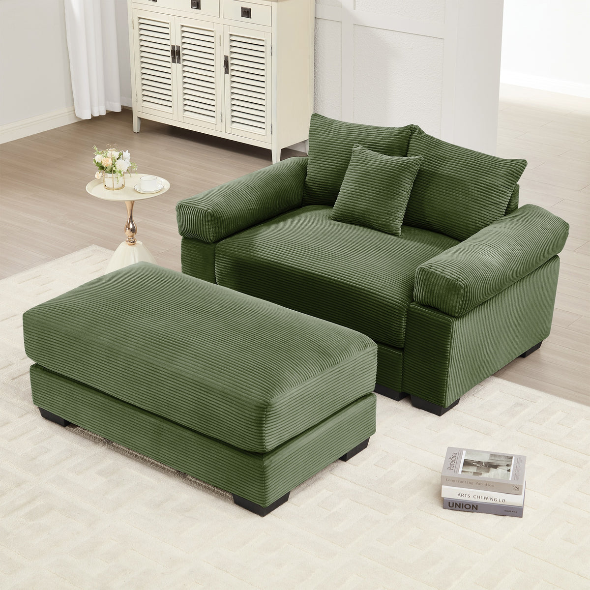 54.3" Oversized Cloud Modular Sectional Couch, Corduroy Fabric Extra-Thick Armrests, Throw Pillows Ottoman, Ergonomic Design,Easy Assembly Fits Living Rooms Bedrooms,Green