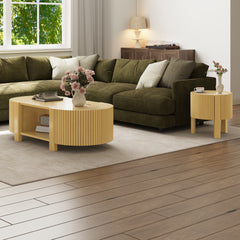 Oval Fluted Coffee Table with Storage for Living Room, Rubber Solid Wood, 1 shelf & 2 Open Storage Doors, Natural, 47"