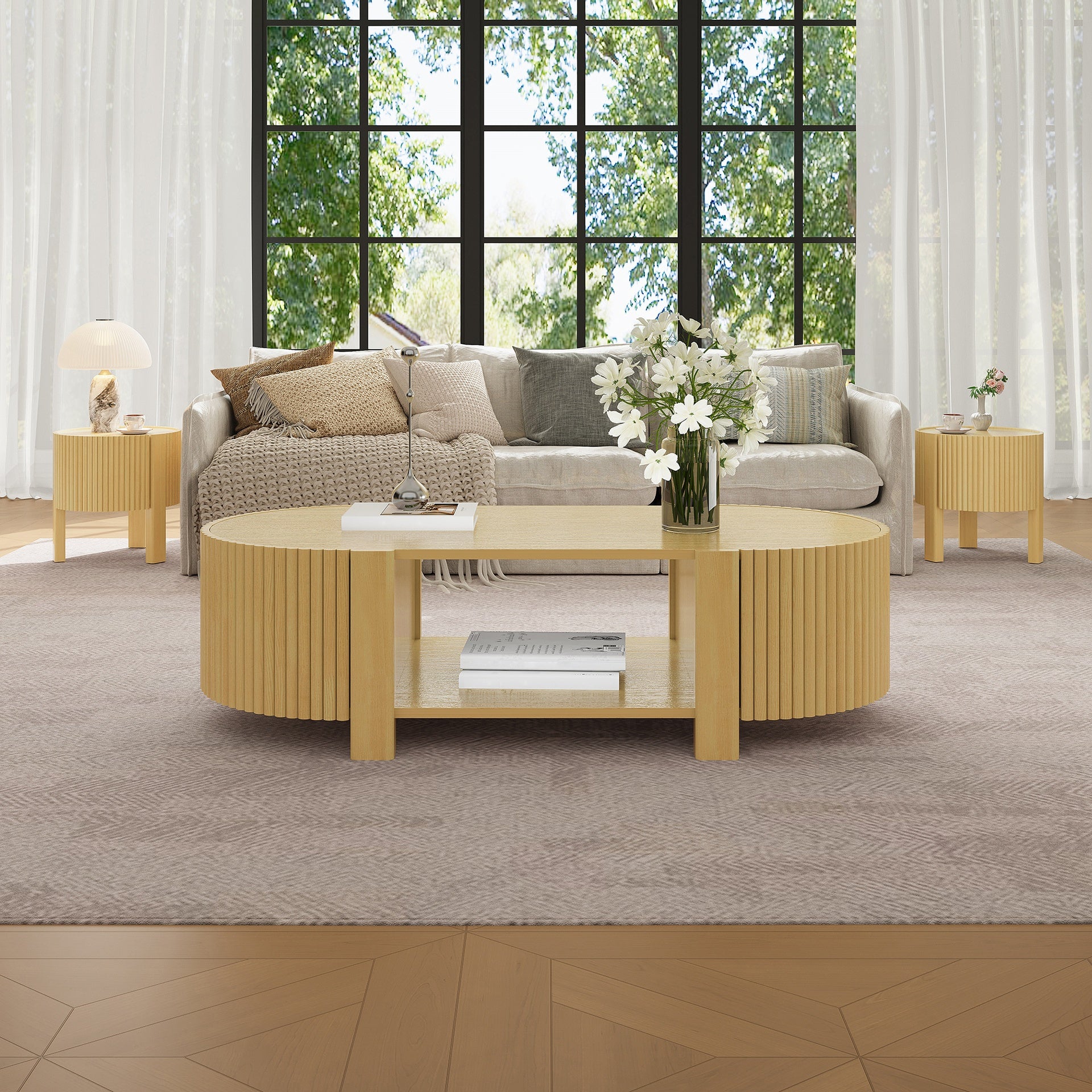 Oval Fluted Coffee Table with Storage for Living Room, Rubber Solid Wood, 1 shelf & 2 Open Storage Doors, Natural, 47"