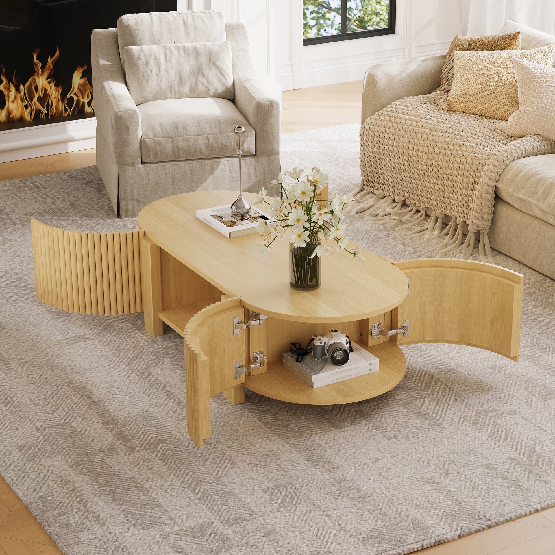 Oval Fluted Coffee Table with Storage for Living Room, Rubber Solid Wood, 1 shelf & 2 Open Storage Doors, Natural, 47"