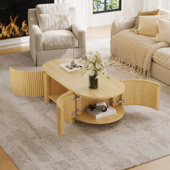 Oval Fluted Coffee Table with Storage for Living Room, Rubber Solid Wood, 1 shelf & 2 Open Storage Doors, Natural, 47"