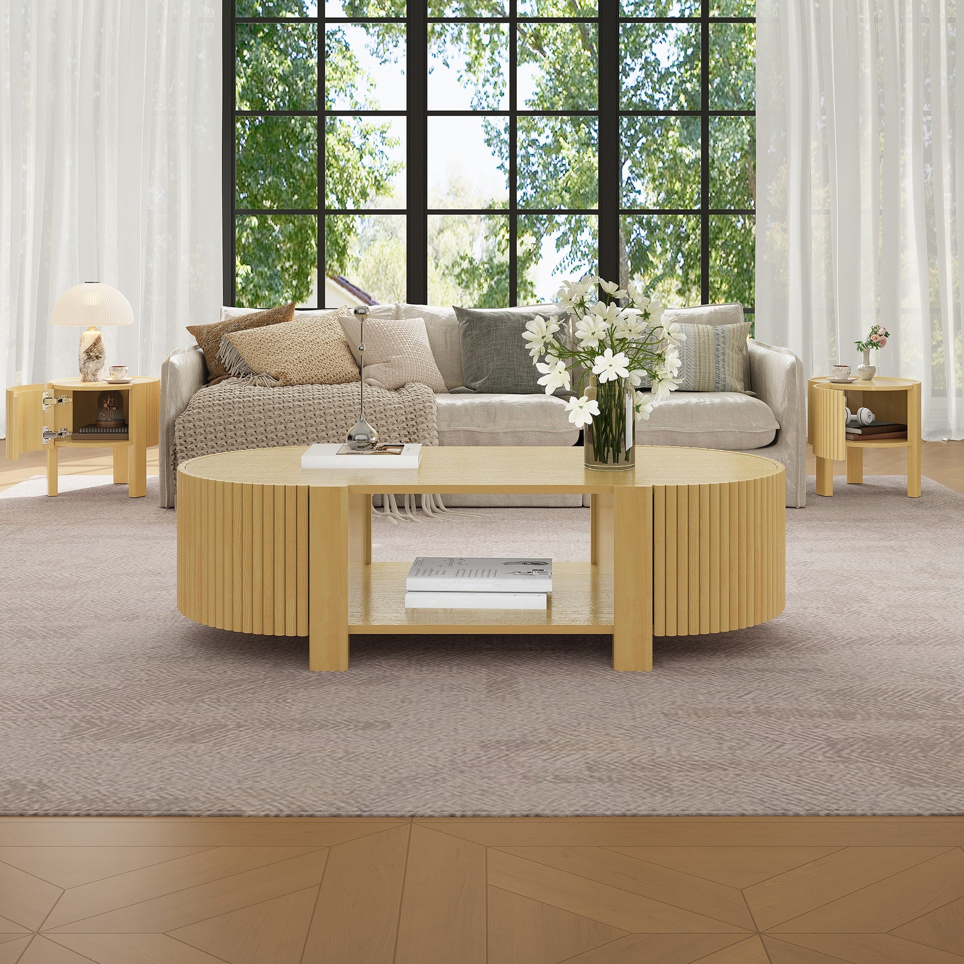Oval Fluted Coffee Table with Storage for Living Room, Rubber Solid Wood, 1 shelf & 2 Open Storage Doors, Natural, 47"