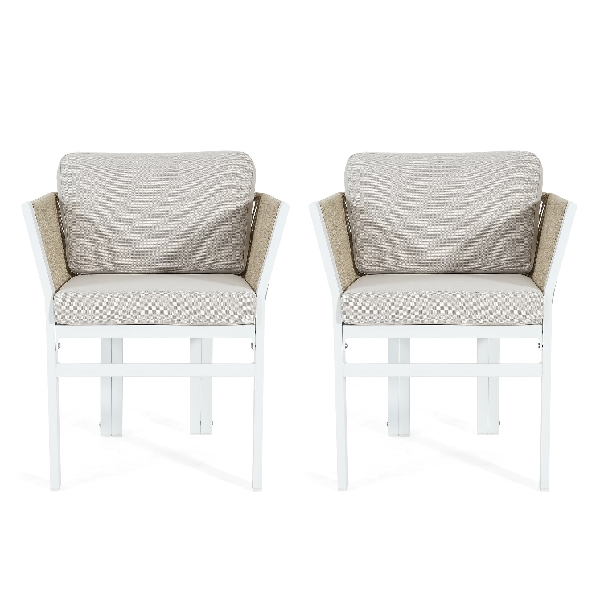 Outdoor Dining Chair Set of 2 ,White Aluminum Frame with Beige Cushion, 300lbs Capacity, All-Weather Patio Seating for Backyard, Deck & Garden