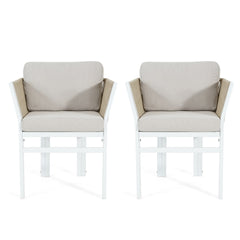 Outdoor Dining Chair Set of 2 ,White Aluminum Frame with Beige Cushion, 300lbs Capacity, All-Weather Patio Seating for Backyard, Deck & Garden