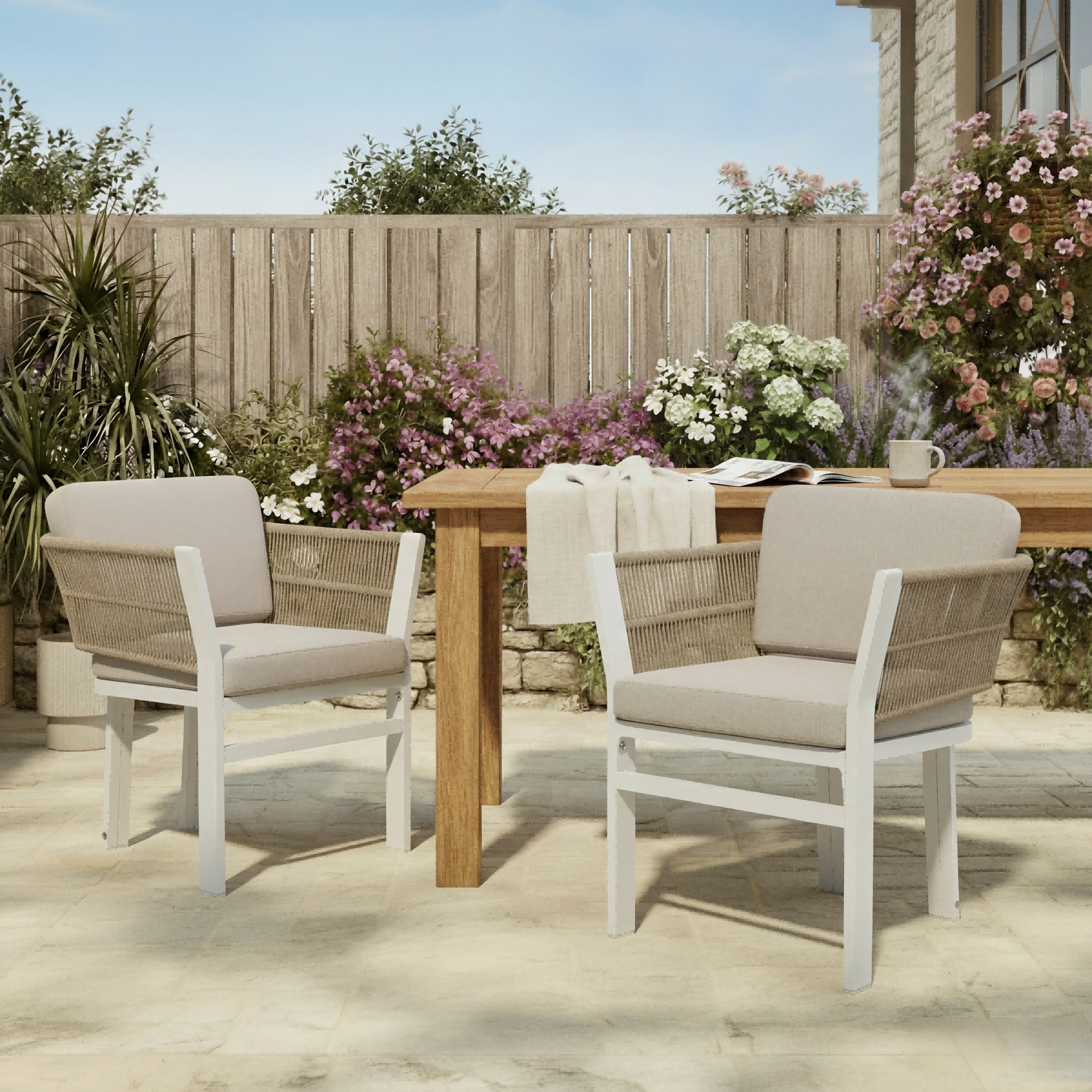 Outdoor Dining Chair Set of 2 ,White Aluminum Frame with Beige Cushion, 300lbs Capacity, All-Weather Patio Seating for Backyard, Deck & Garden