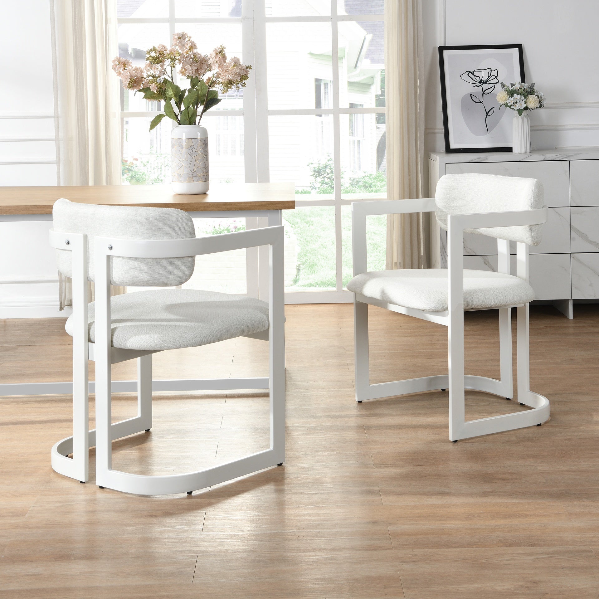 Upholstered Dining Chairs Set of 2, Fabric Armchairs with Beige Seating White Metal Frame, 265 LBS Weight Capacity