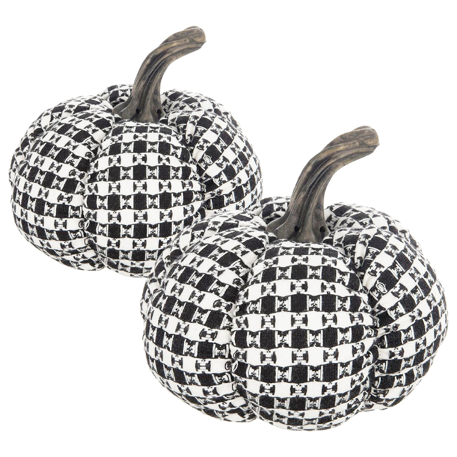Set of 2, 7x7x6.7" Fabric Black-White Plaid Pumpkin Decor, for Holiday Halloween Decoration