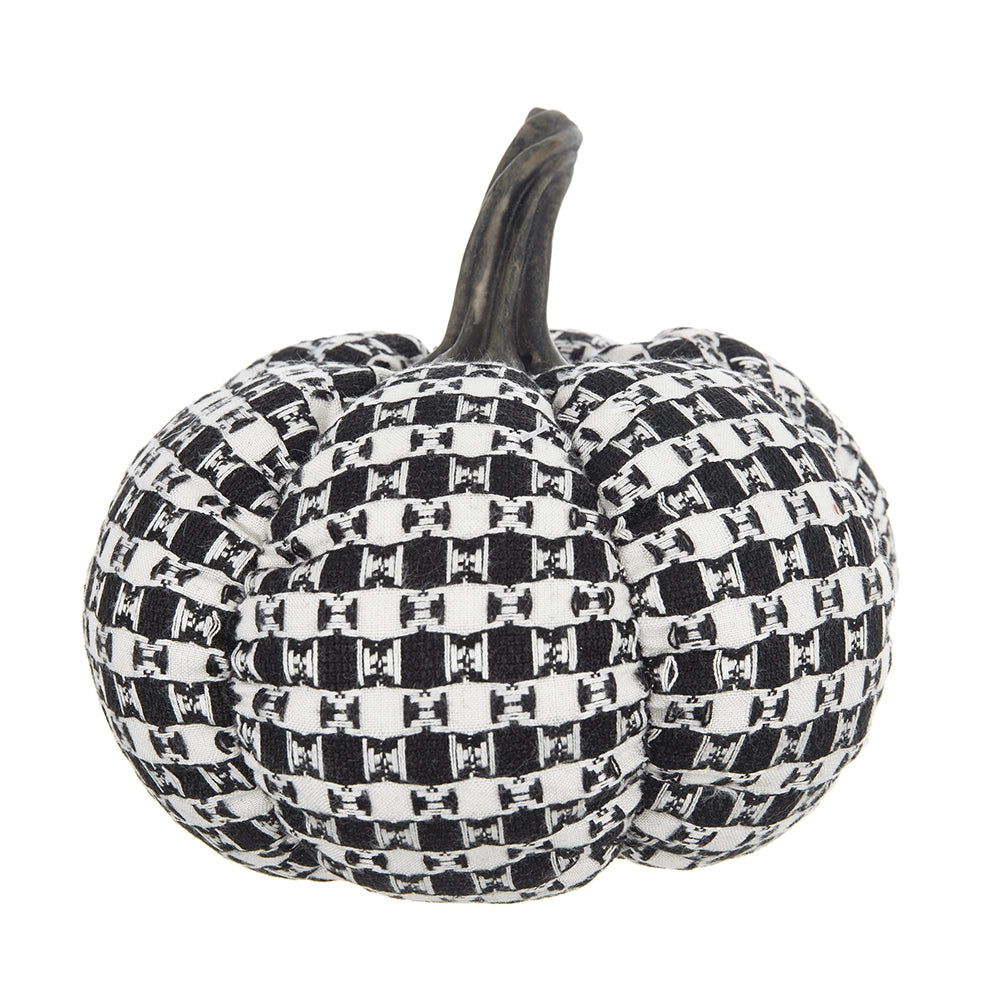 Set of 2, 7x7x6.7" Fabric Black-White Plaid Pumpkin Decor, for Holiday Halloween Decoration