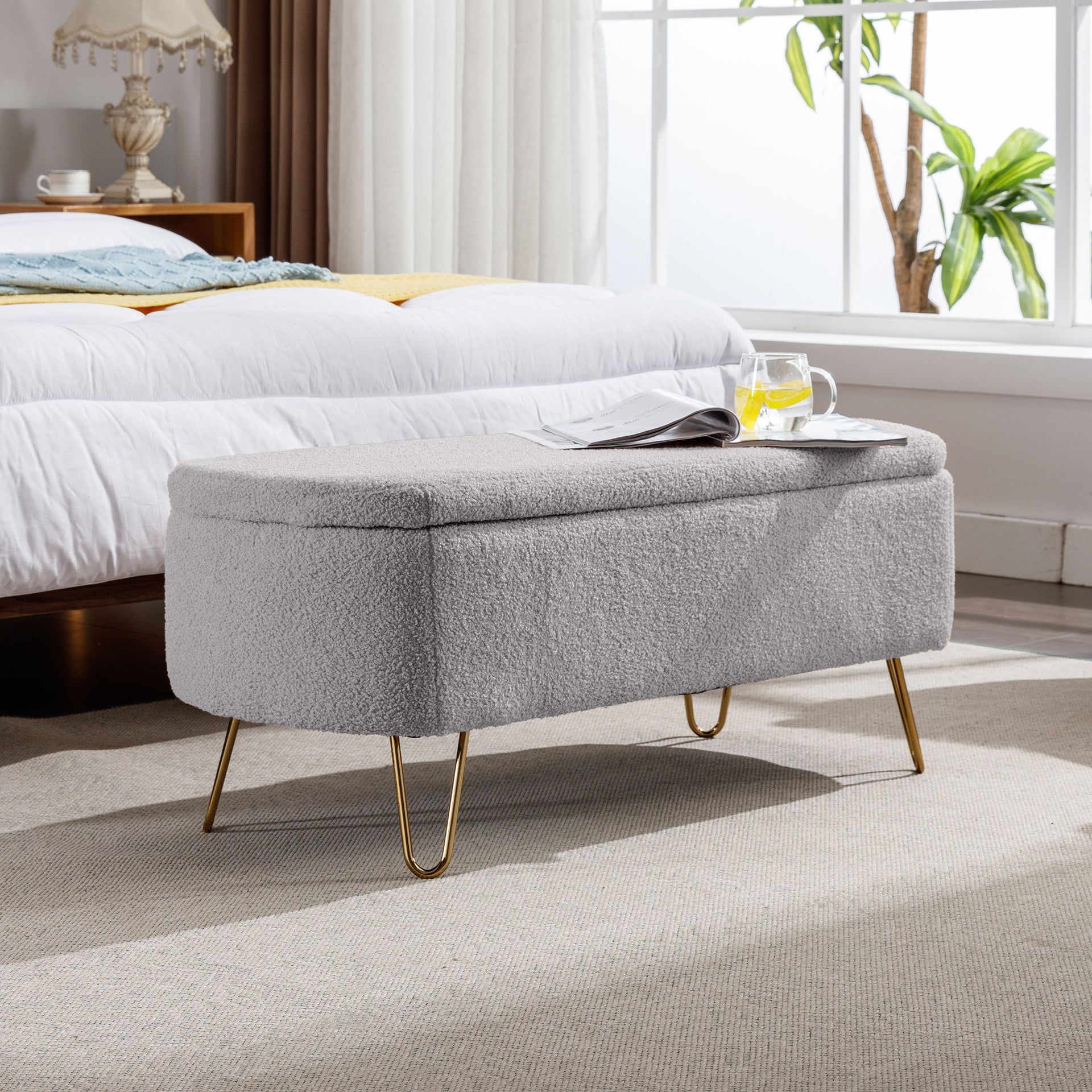 Grey Storage Ottoman Bench for End of Bed Gold Legs, Modern Grey Faux Fur Entryway Bench Upholstered Padded with Storage for Living Room Bedroom