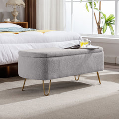 Grey Storage Ottoman Bench for End of Bed Gold Legs, Modern Grey Faux Fur Entryway Bench Upholstered Padded with Storage for Living Room Bedroom