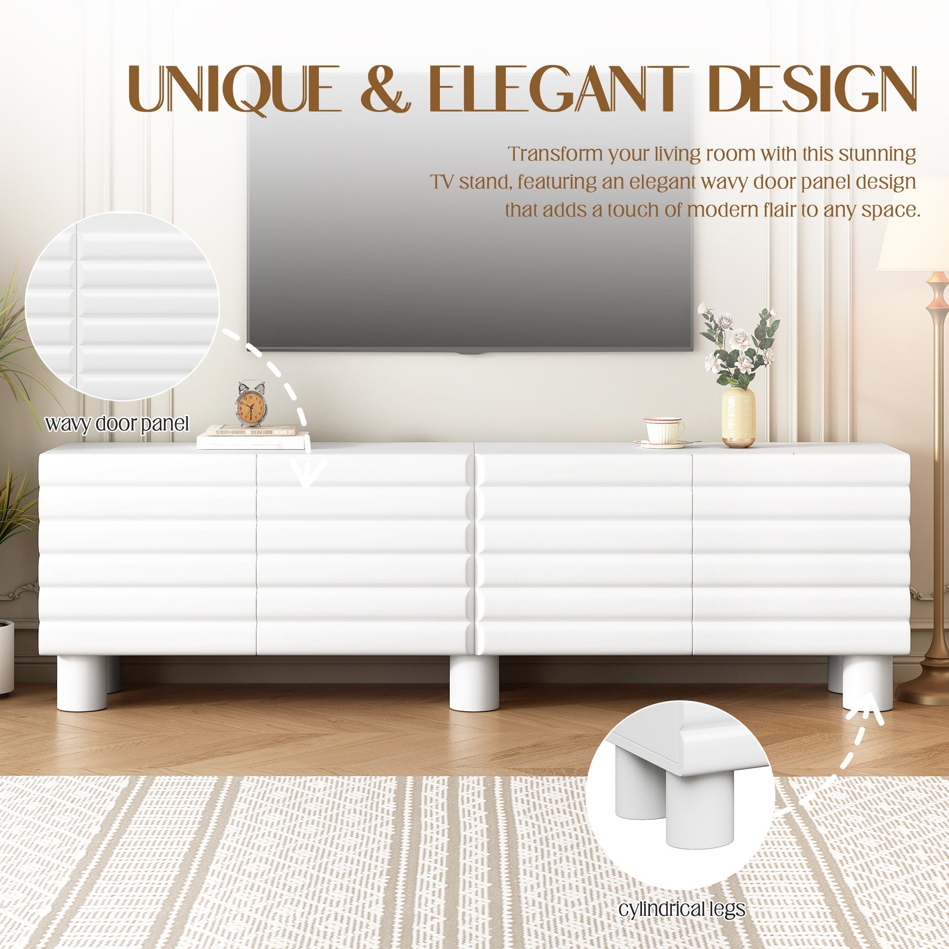 Stylish Thick Wavy Door TV Cabinet with Adjustable Shelves, Cream Style TV Stand with 4 Cabinets for TVs Up to 75", Solid Media Console with Cylindrical Legs and Cable Holes for Living Room, White