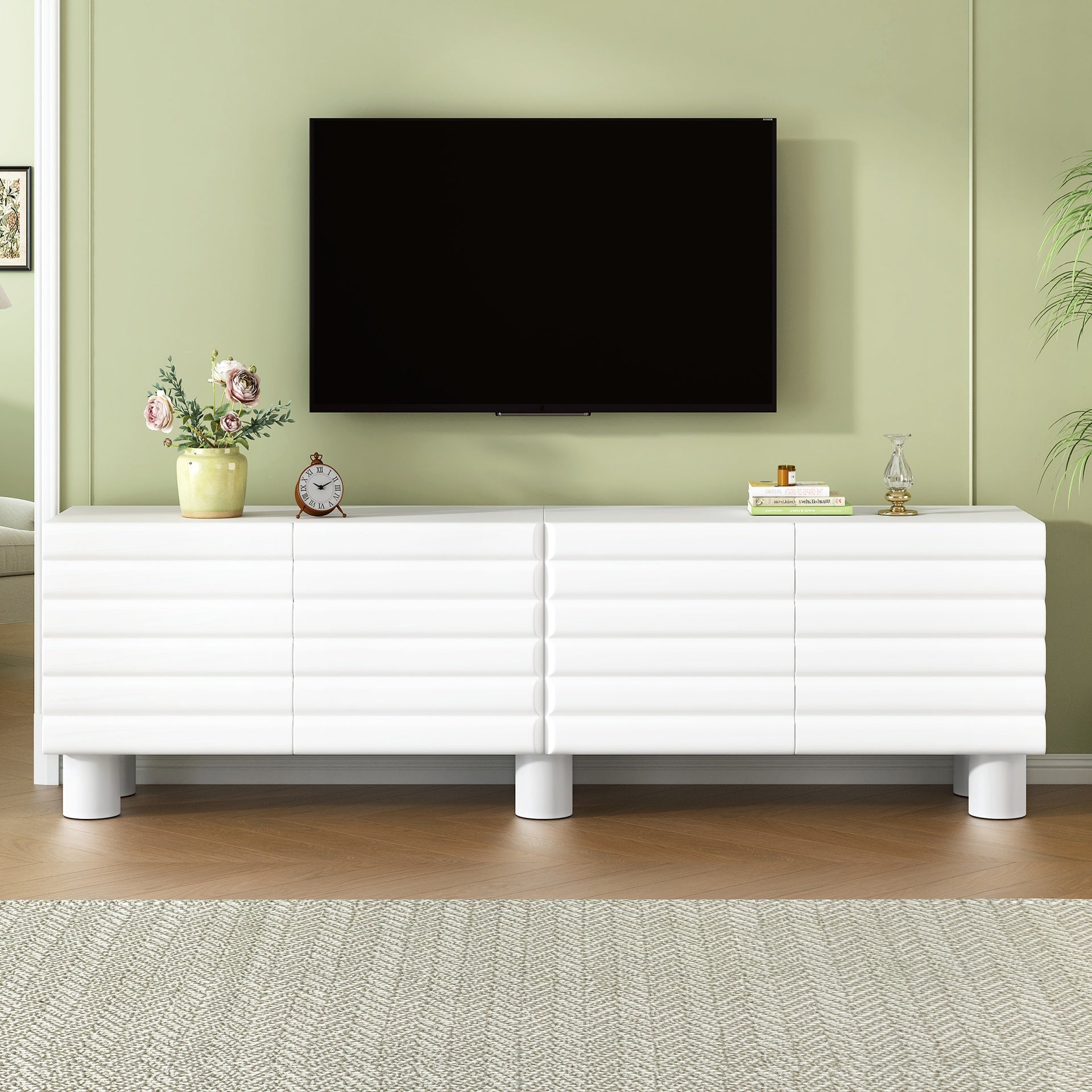 Stylish Thick Wavy Door TV Cabinet with Adjustable Shelves, Cream Style TV Stand with 4 Cabinets for TVs Up to 75", Solid Media Console with Cylindrical Legs and Cable Holes for Living Room, White