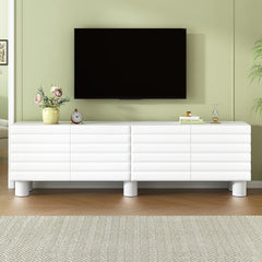 Stylish Thick Wavy Door TV Cabinet with Adjustable Shelves, Cream Style TV Stand with 4 Cabinets for TVs Up to 75", Solid Media Console with Cylindrical Legs and Cable Holes for Living Room, White