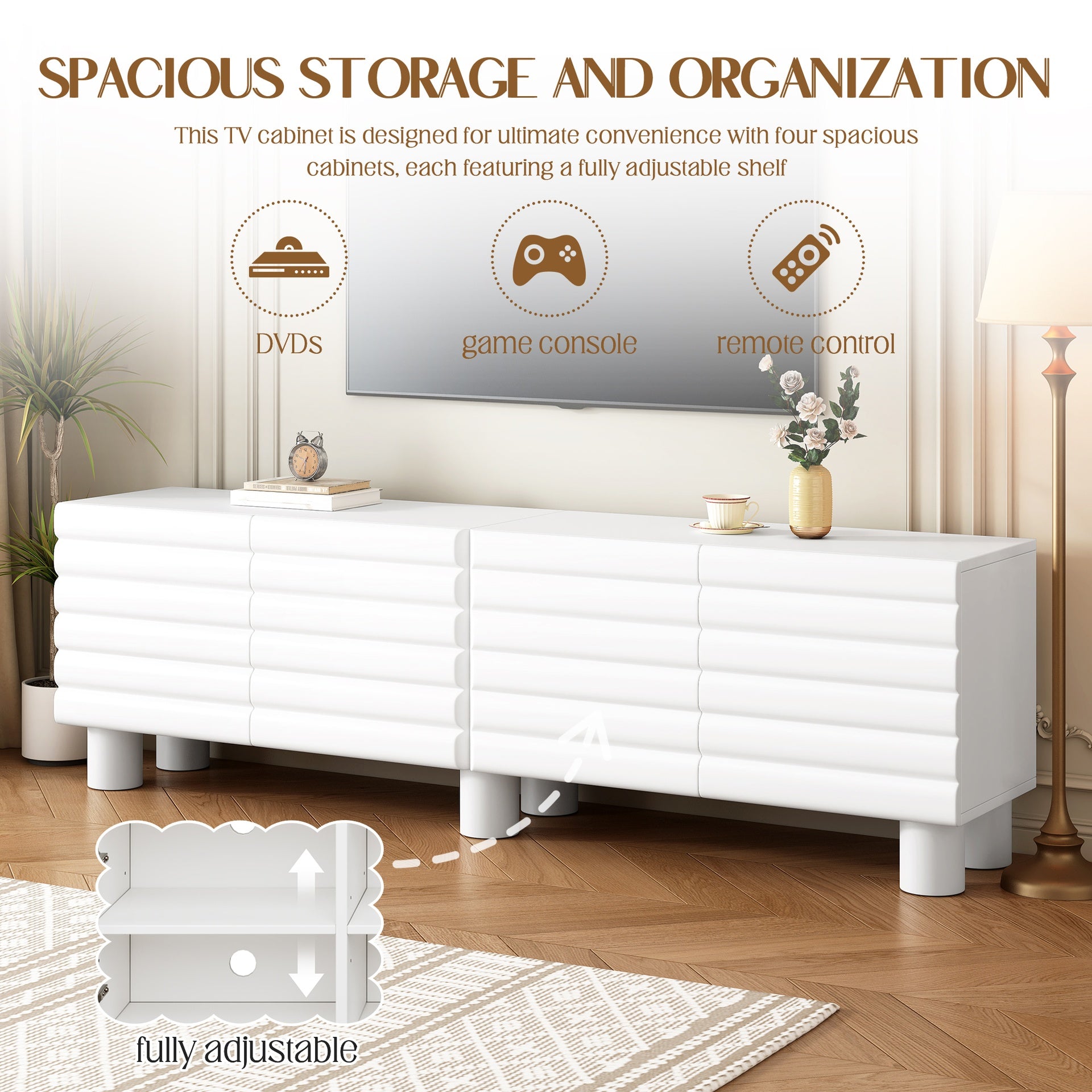 Stylish Thick Wavy Door TV Cabinet with Adjustable Shelves, Cream Style TV Stand with 4 Cabinets for TVs Up to 75", Solid Media Console with Cylindrical Legs and Cable Holes for Living Room, White