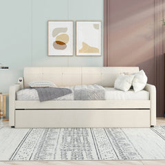 Twin Size Upholstery Daybed with Trundle and USB Charging Design,Trundle can be flat or erected,Beige