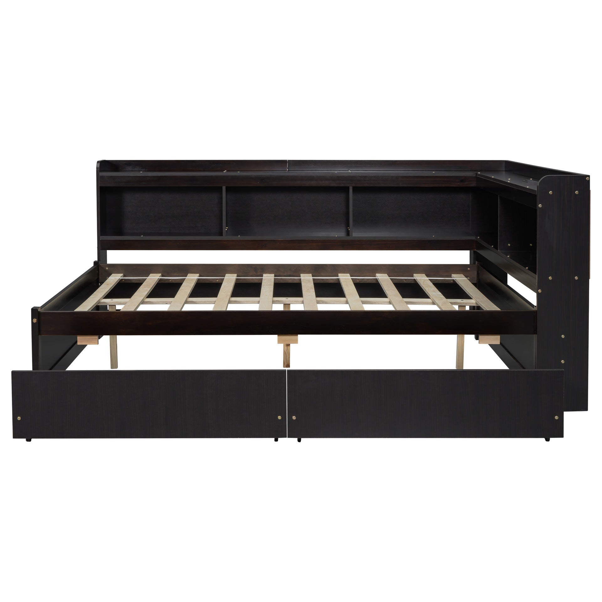 Full Size L-shaped Bookcases Bed with Power Outlets, USB Charging Ports,Two Drawers,Espresso