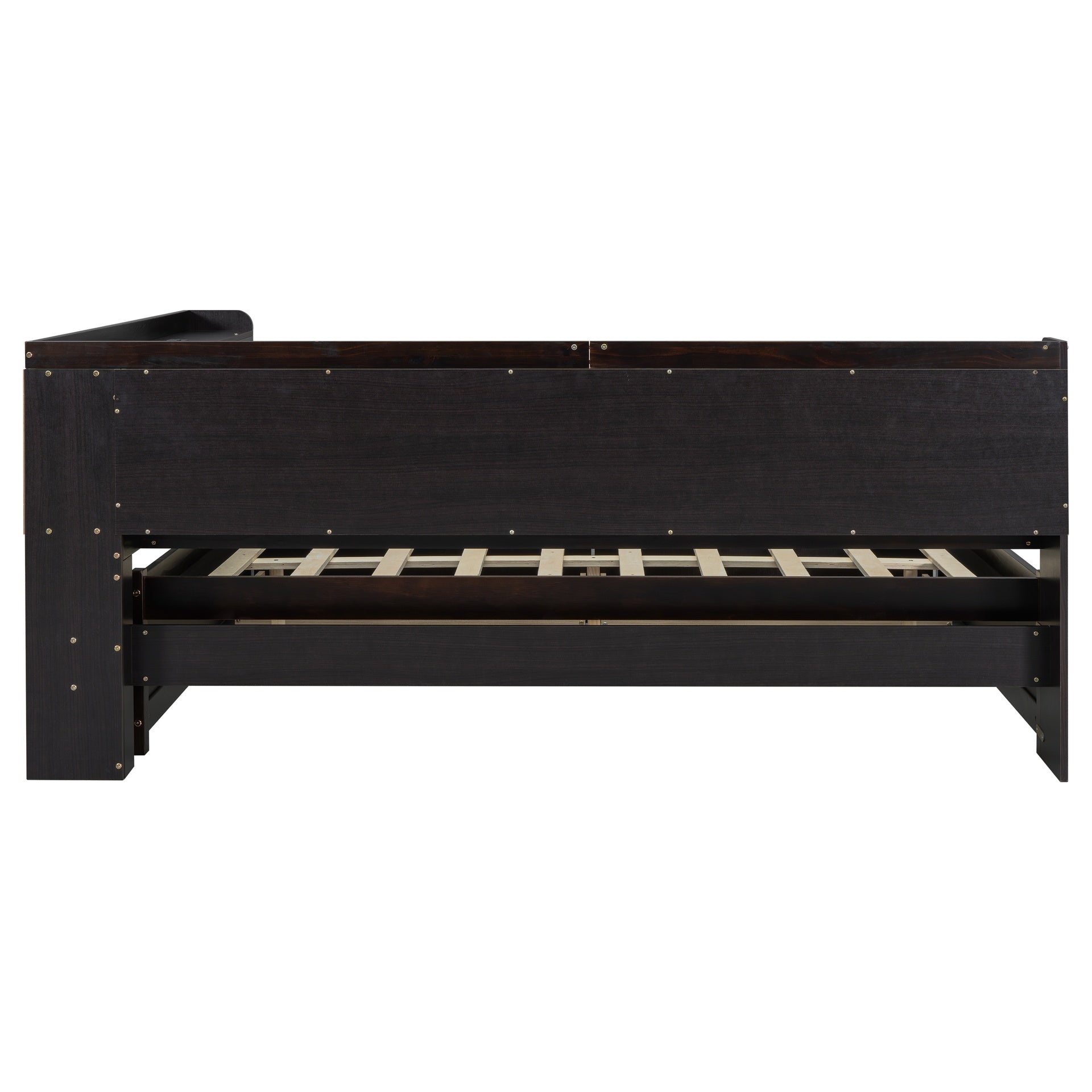 Full Size L-shaped Bookcases Bed with Power Outlets, USB Charging Ports,Two Drawers,Espresso