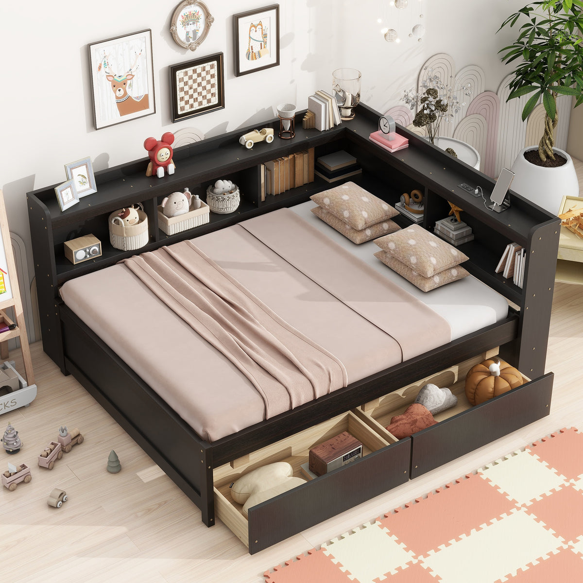 Full Size L-shaped Bookcases Bed with Power Outlets, USB Charging Ports,Two Drawers,Espresso
