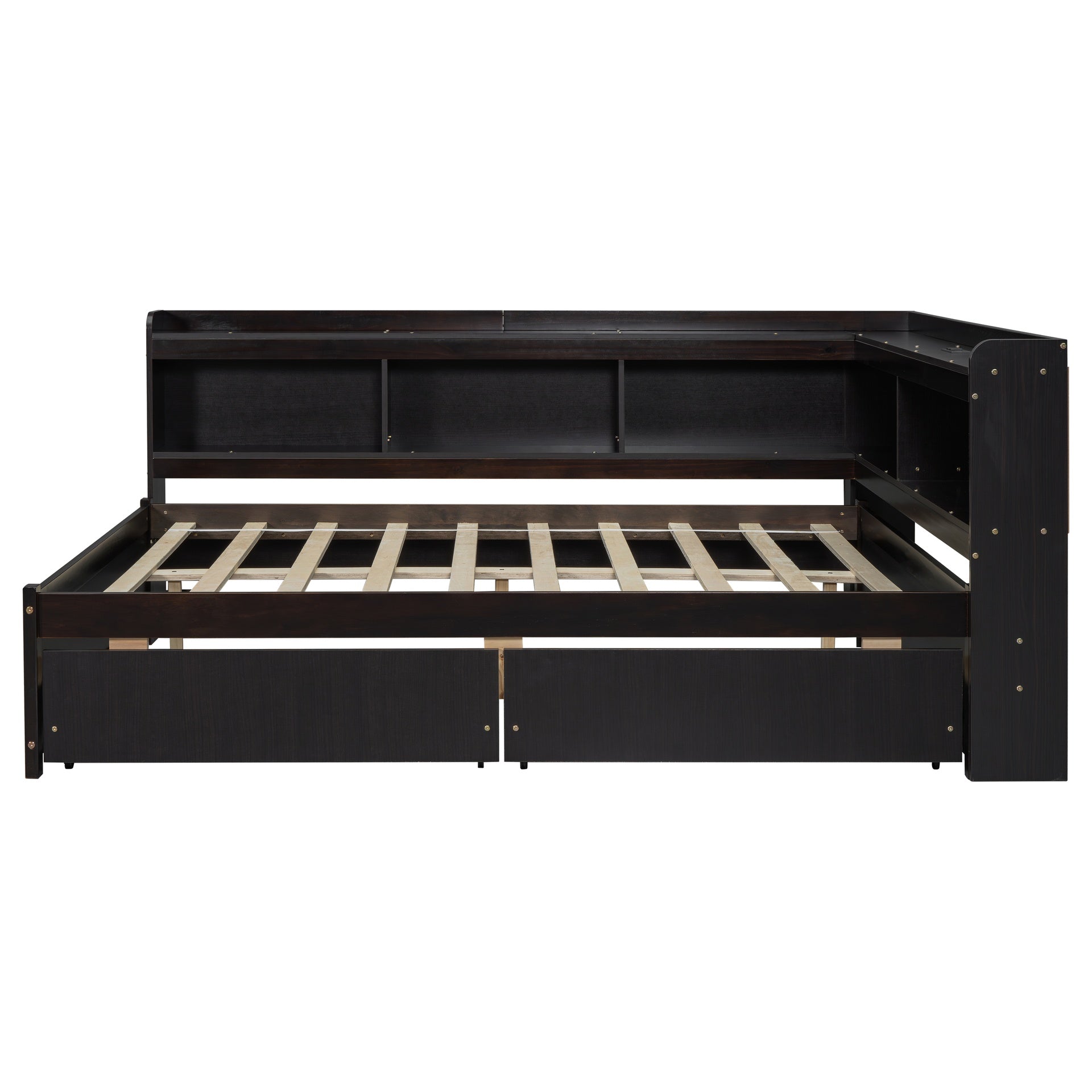 Full Size L-shaped Bookcases Bed with Power Outlets, USB Charging Ports,Two Drawers,Espresso