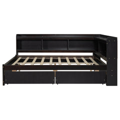 Full Size L-shaped Bookcases Bed with Power Outlets, USB Charging Ports,Two Drawers,Espresso