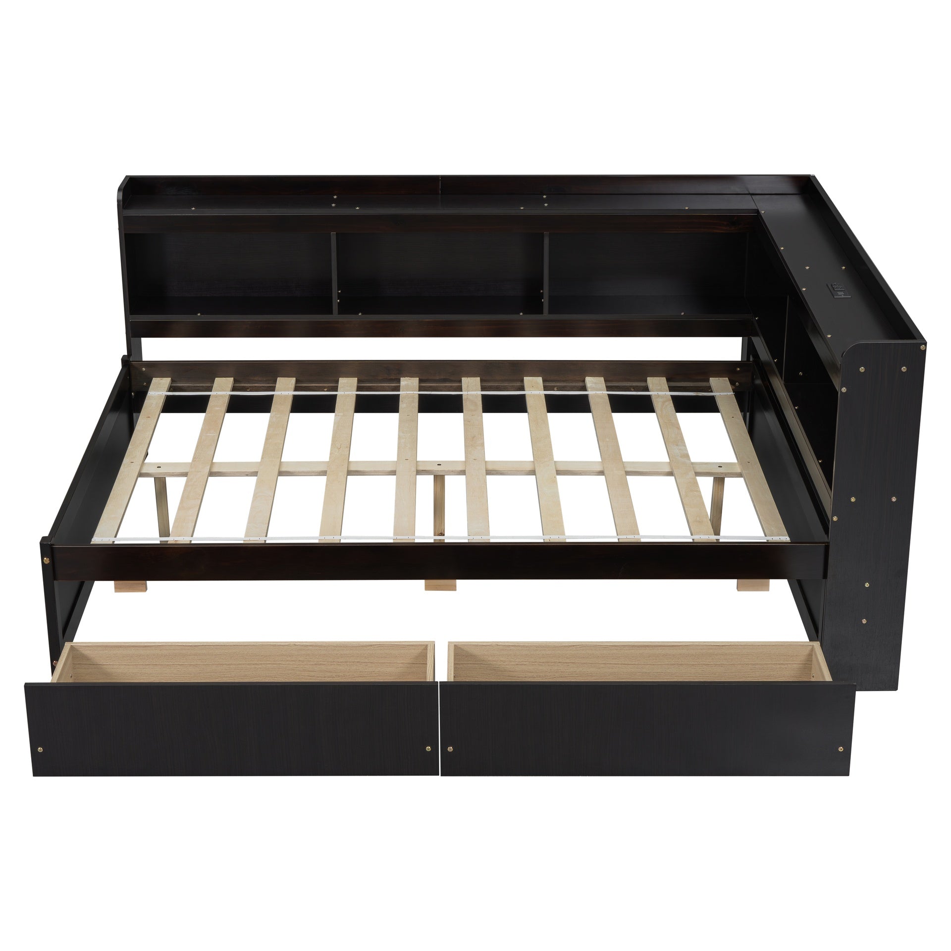 Full Size L-shaped Bookcases Bed with Power Outlets, USB Charging Ports,Two Drawers,Espresso