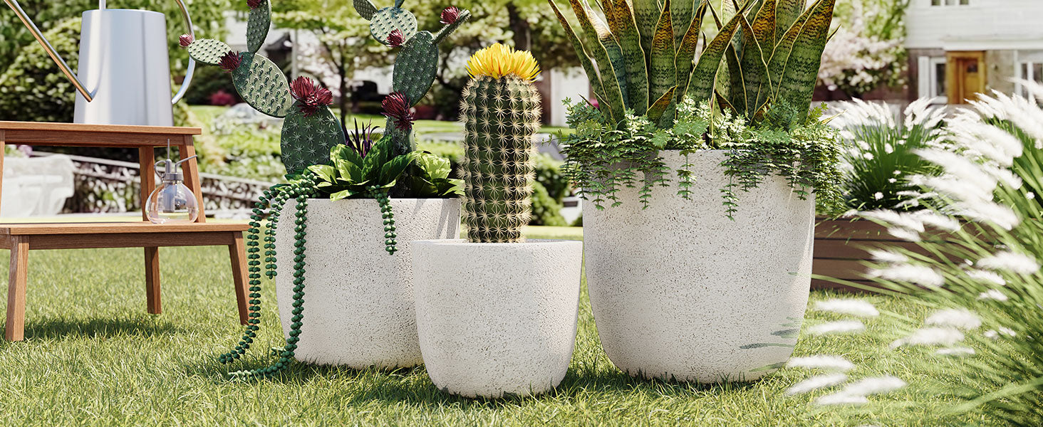U_Style Lightweight Matte Textured MGO Outdoor Indoor Flower Pot Set of 3,16.9"+13.9"+11.22" Dia Round Concrete Stackable Planter with Drainage Holes and Rubber Plug,Perfect for Garden, Patio, Balcony
